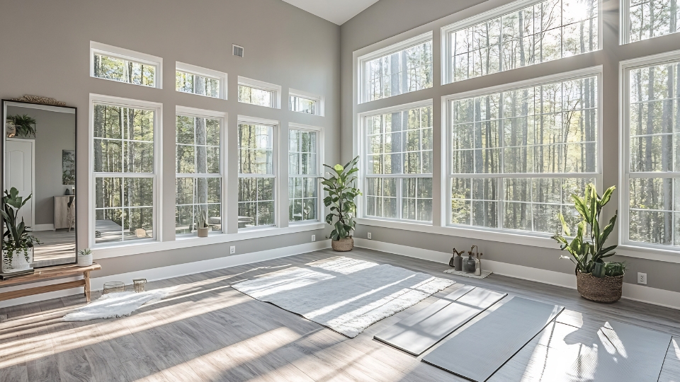 Interior of a modern yoga studio.